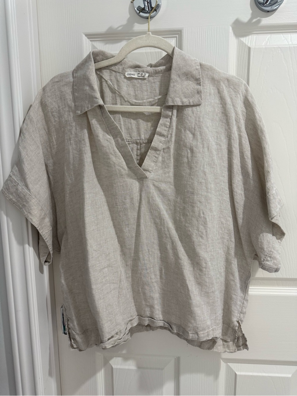 OYSHO Women’s Beige 100% Linen V-Neck Oversized Top Blouse Size S